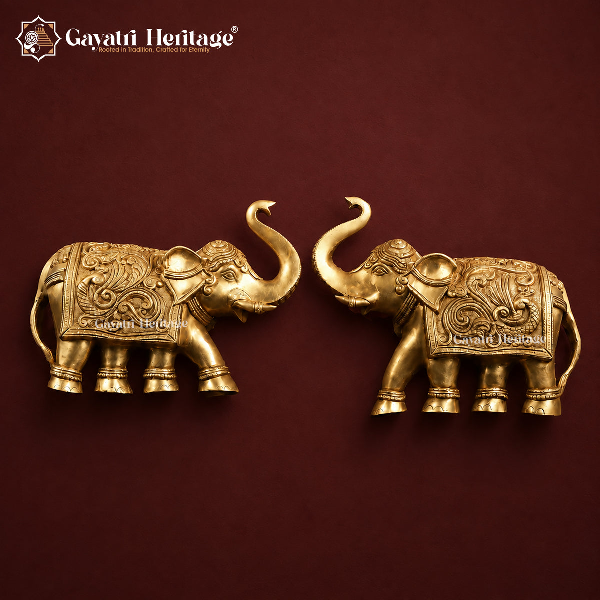 Wall Hanging Elephant Pair, 9 inch, handcrafted brass by Gayatri Heritage