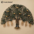 Brass Kalpvriksh Tree of Life Wall Art, Large 48 Inch Tree Wall Sculpture, Golden Birds, Green Gold Indian Luxury Decor