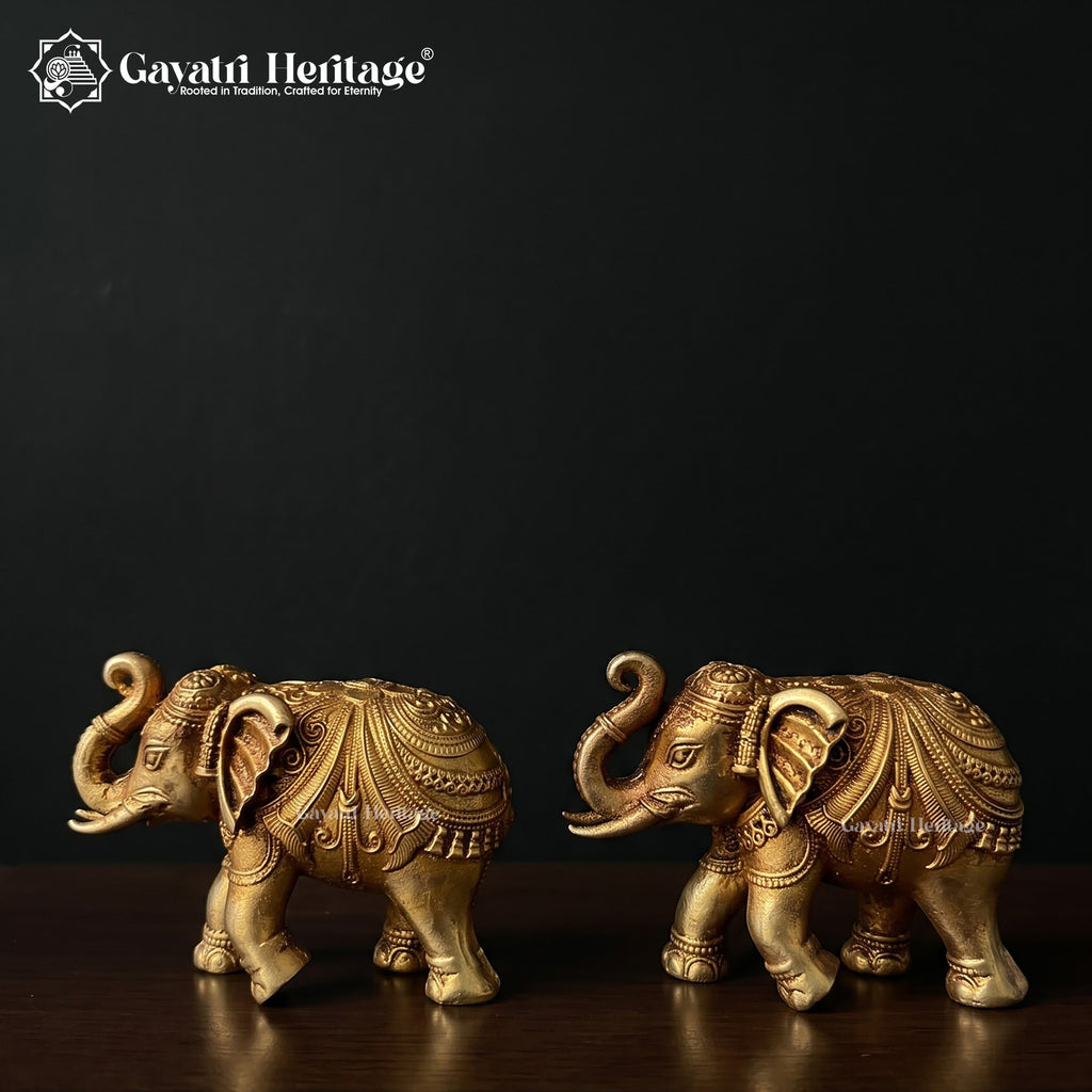 Brass Elephant Figurine | Antique Gold Indian Sculpture | Trunk Up Elephant Statue | Lucky Home Decor Accent | Gift