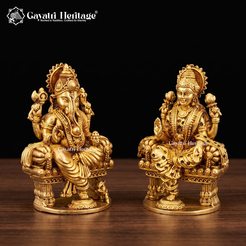Brass Laxmi Ganesh Idol | Lakshmi Ganesh Murti | Handcrafted Hindu God Goddess Statue | Home Temple Pooja Decor | Diwali Gift