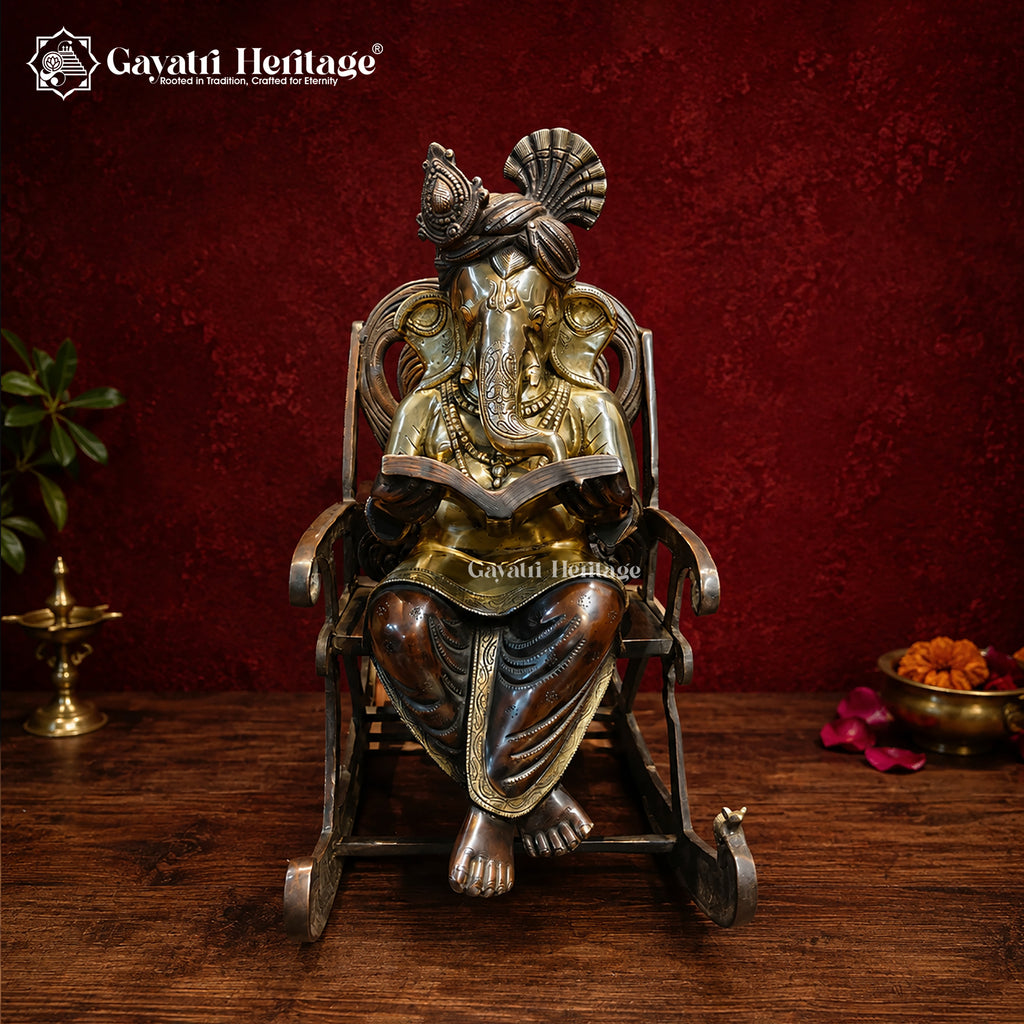 Brass Ganesha Idol Reading Book on Rocking Chair | Antique Finish Statue