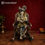 Brass Ganesha Idol Reading Book on Rocking Chair | Antique Finish Statue