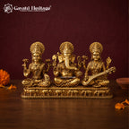 Brass Laxmi Ganesh Saraswati Idol | Hindu Trinity Murti | Handcrafted Brass Statue | Elephant Base | Diwali Puja & Home Temple Decor