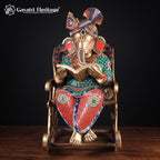 Brass Ganesha Statue on Rocking Chair | Stone Work Reading Ganesh Idol | Antique Indian Sculpture