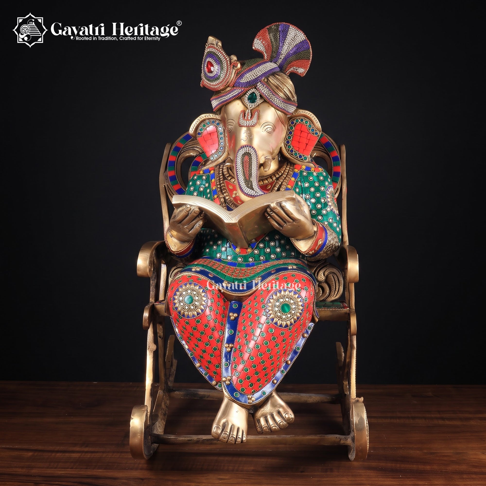 Brass Ganesha Statue on Rocking Chair | Stone Work Reading Ganesh Idol | Antique Indian Sculpture