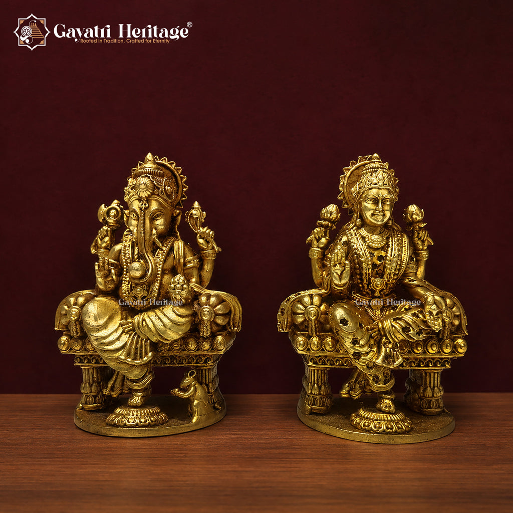 Brass Lakshmi Ganesha Statue | Antique Finish Hindu Murti | Handcrafted Lakshmi Ganesh Idol | Diwali Dhanteras Decor