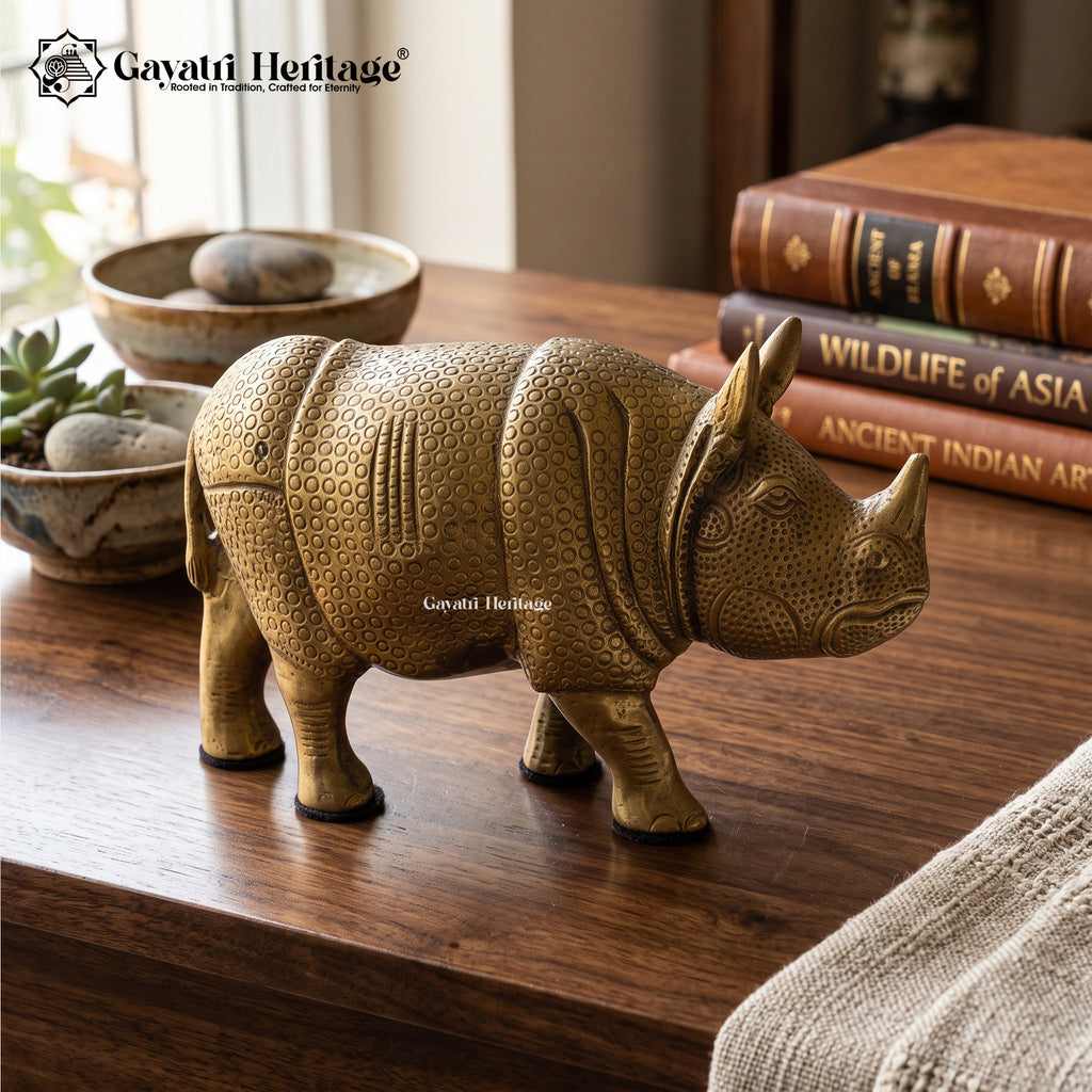 Brass Rhino Statue – Textured Solid Brass Rhinoceros Figurine Gayatri Heritage
