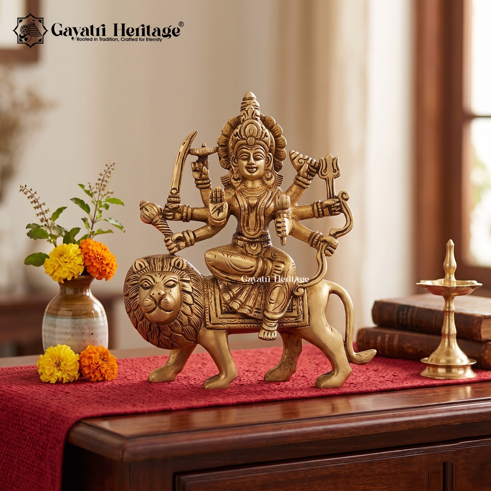 Brass Durga Maa Statue on Lion | Handcrafted Indian Goddess Sculpture