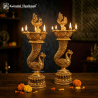 Brass Peacock Diya Lamp | 5-Wick Pooja Deepak | Handcrafted Traditional Indian Oil Lamp