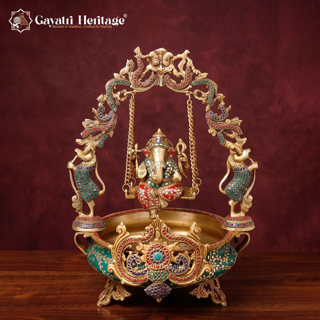 Brass Ganesh Urli with Swing | Stone Studded Golden Flower Floating Bowl | Lord Ganesha Jhula Decor