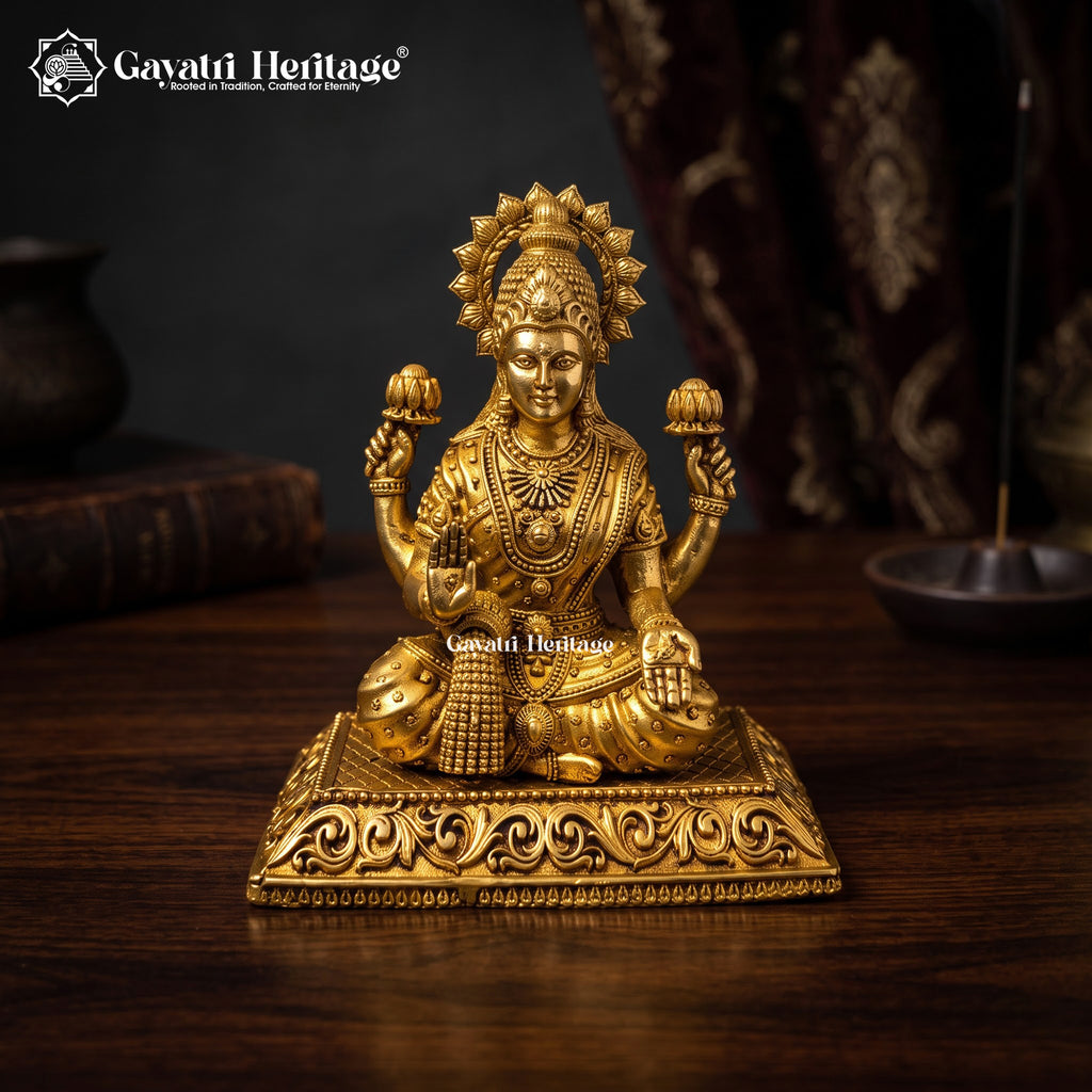 Brass Goddess Lakshmi Idol – Seated with Crown & Lotus