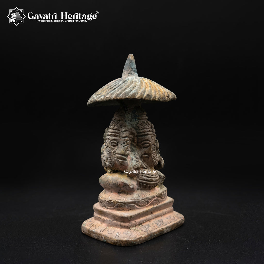 Ganesh Idol with Umbrella Canopy | Rare Vintage Ganesha Statue | Hindu Temple Deity Sculpture | Indian Antique Brass Figurine
