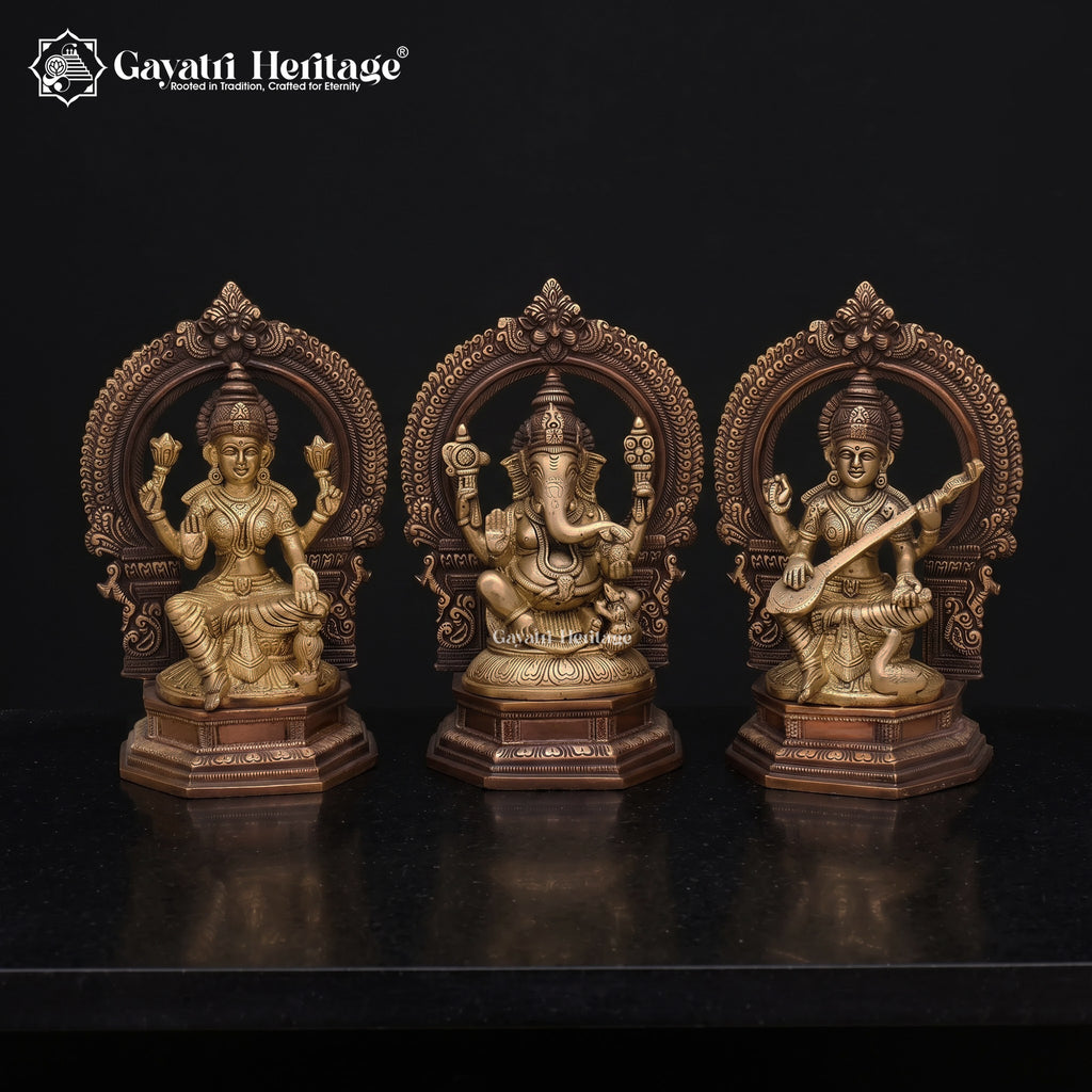 Brass Hindu Trinity Statue Ganesh Laxmi Saraswati | Sacred Puja Idol | Antique Style Religious Decor