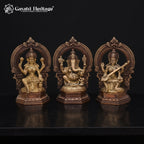 Brass Hindu Trinity Statue Ganesh Laxmi Saraswati | Sacred Puja Idol | Antique Style Religious Decor