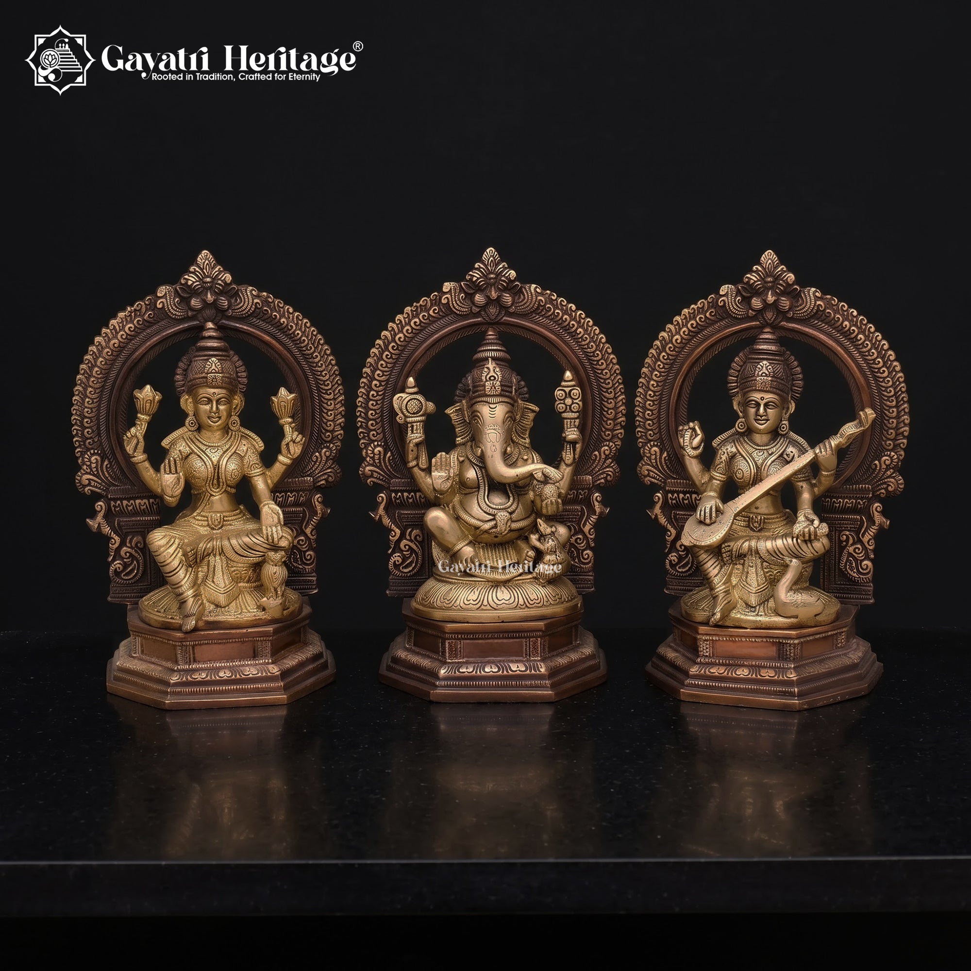 Brass Hindu Trinity Statue Ganesh Laxmi Saraswati | Sacred Puja Idol | Antique Style Religious Decor