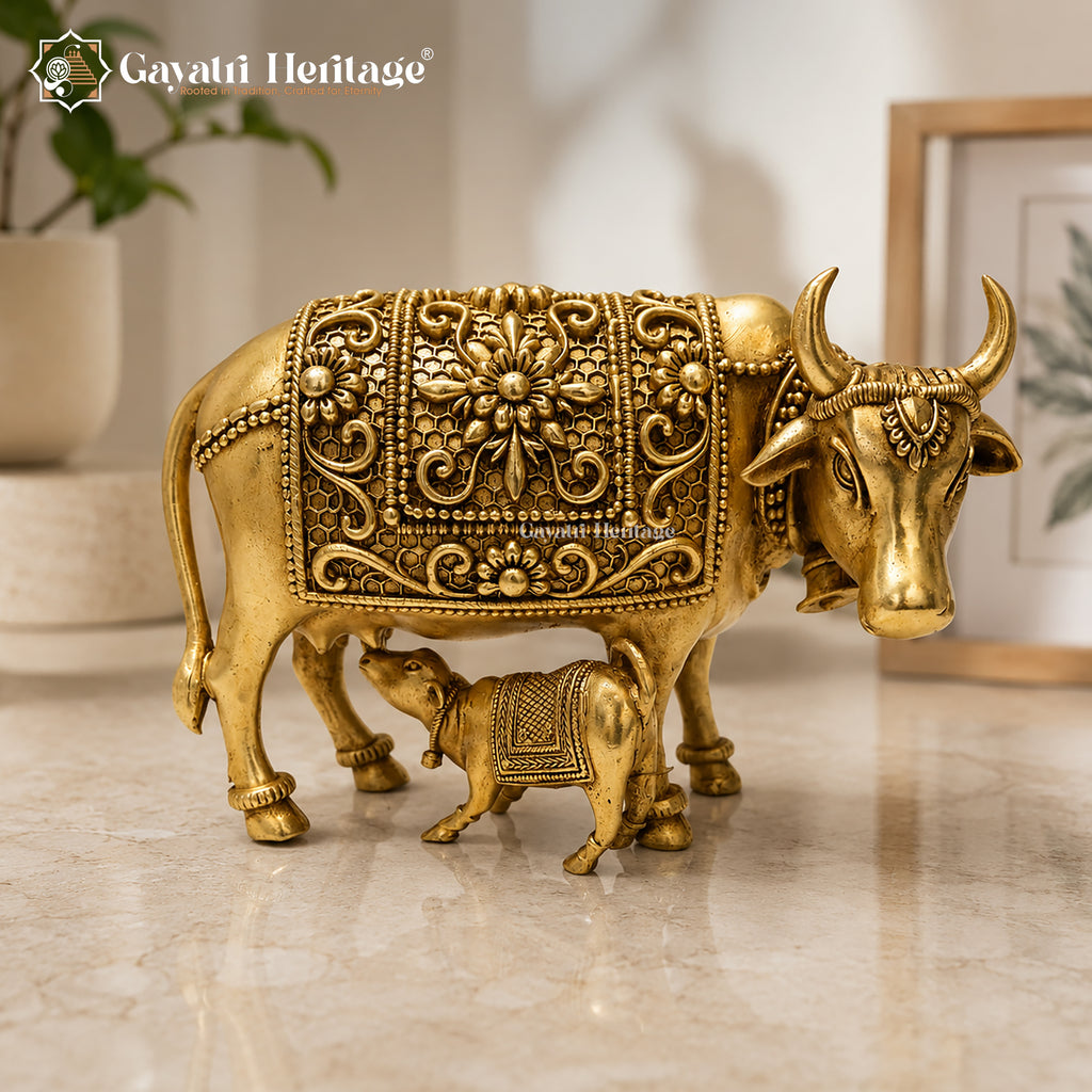 Brass Cow and Calf Statue | Sacred Kamdhenu Cow Idol for Home Temple & Decor
