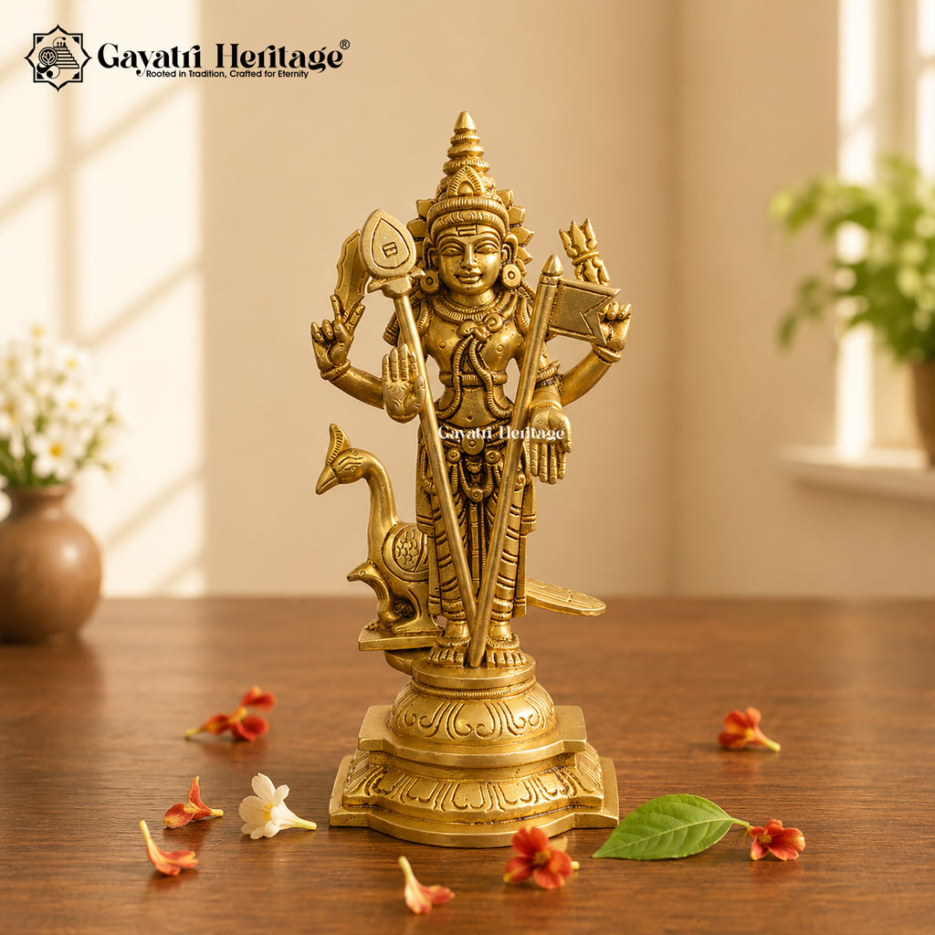 Brass Murugan Idol with Peacock – 8.5 Inch Kartikeya Statue | Gayatri Heritage