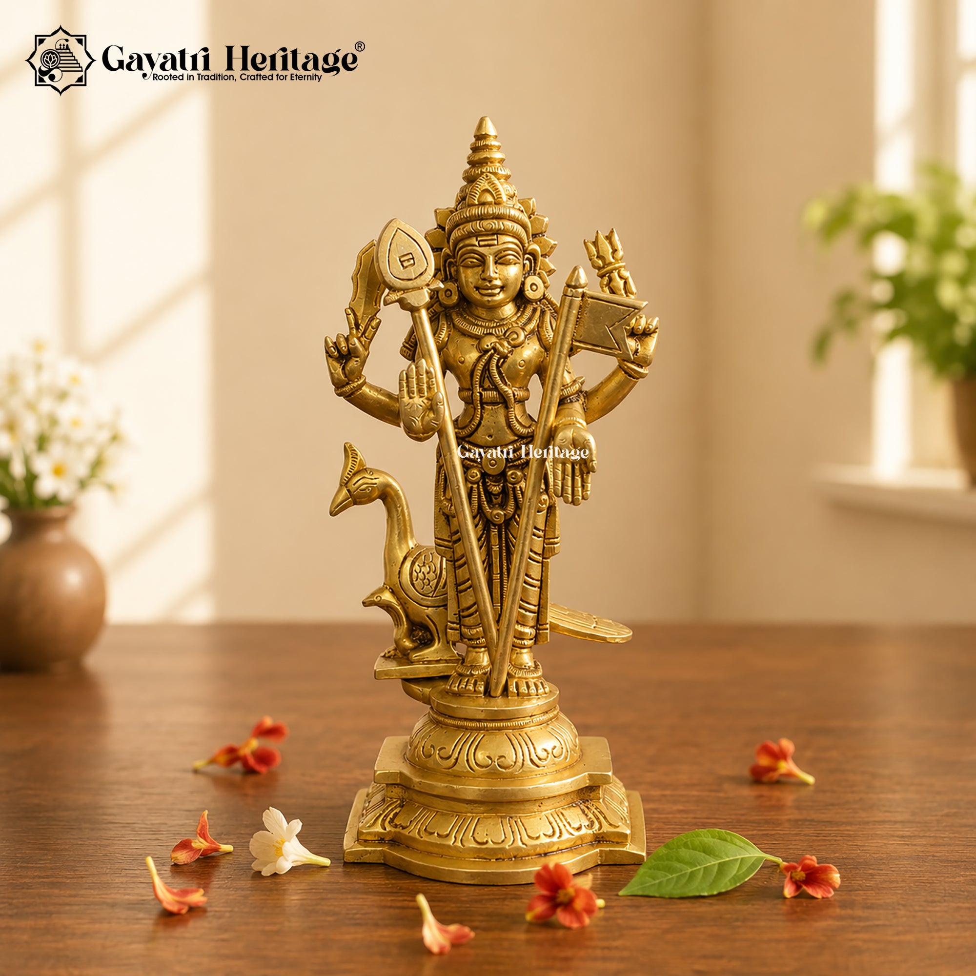 Brass Murugan Idol with Peacock – 8.5 Inch Kartikeya Statue | Gayatri Heritage