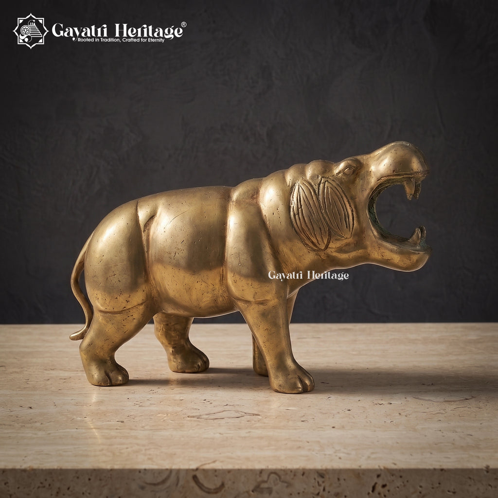 Brass Hippo Statue – Vintage Roaring Hippopotamus Figurine Gayatri Heritage