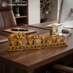 Brass Elephant Family Statue Set of 5 | Antique Gold Trunk Up Elephants | Vastu Feng Shui Home & Office Decor
