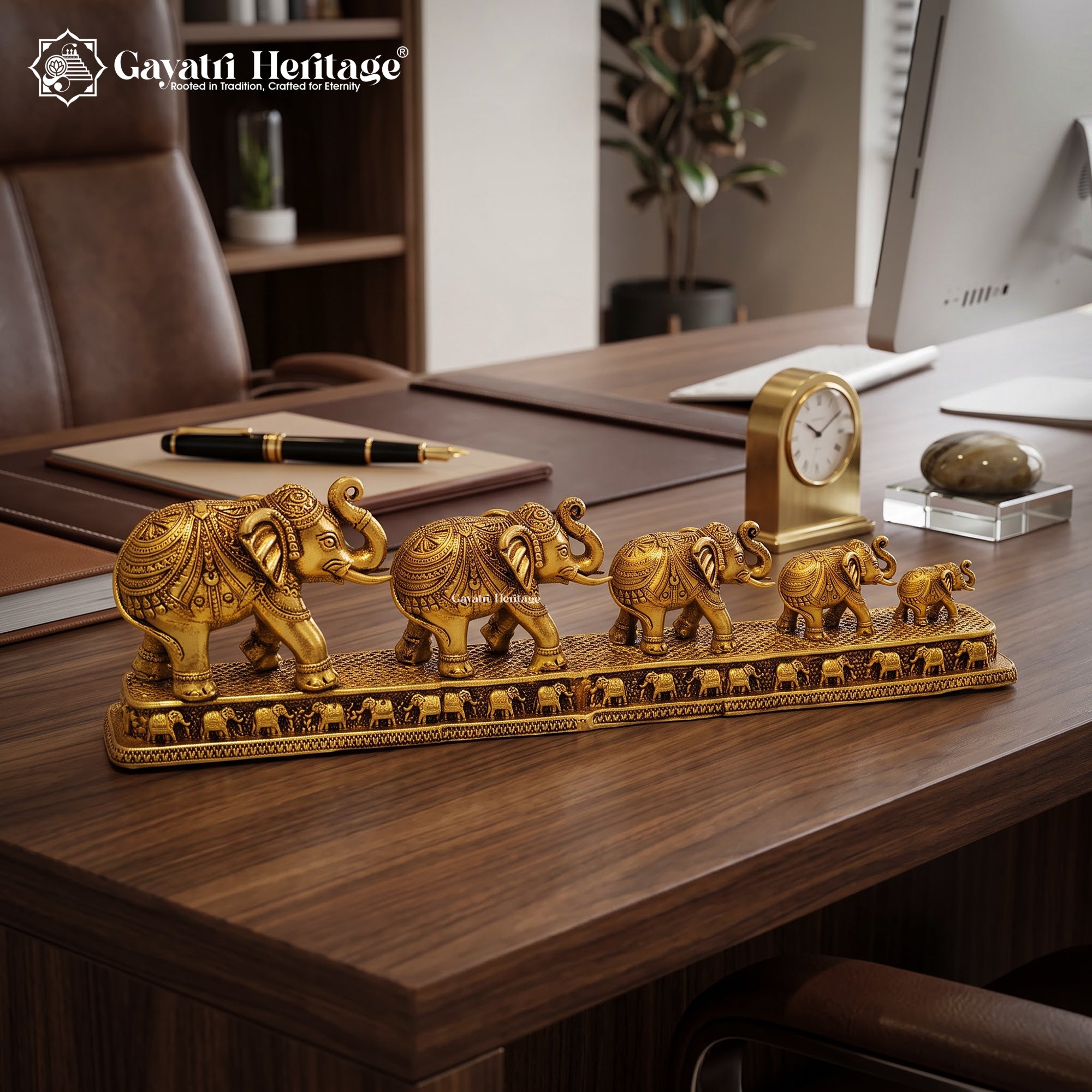Brass Elephant Family Statue Set of 5 | Antique Gold Trunk Up Elephants | Vastu Feng Shui Home & Office Decor