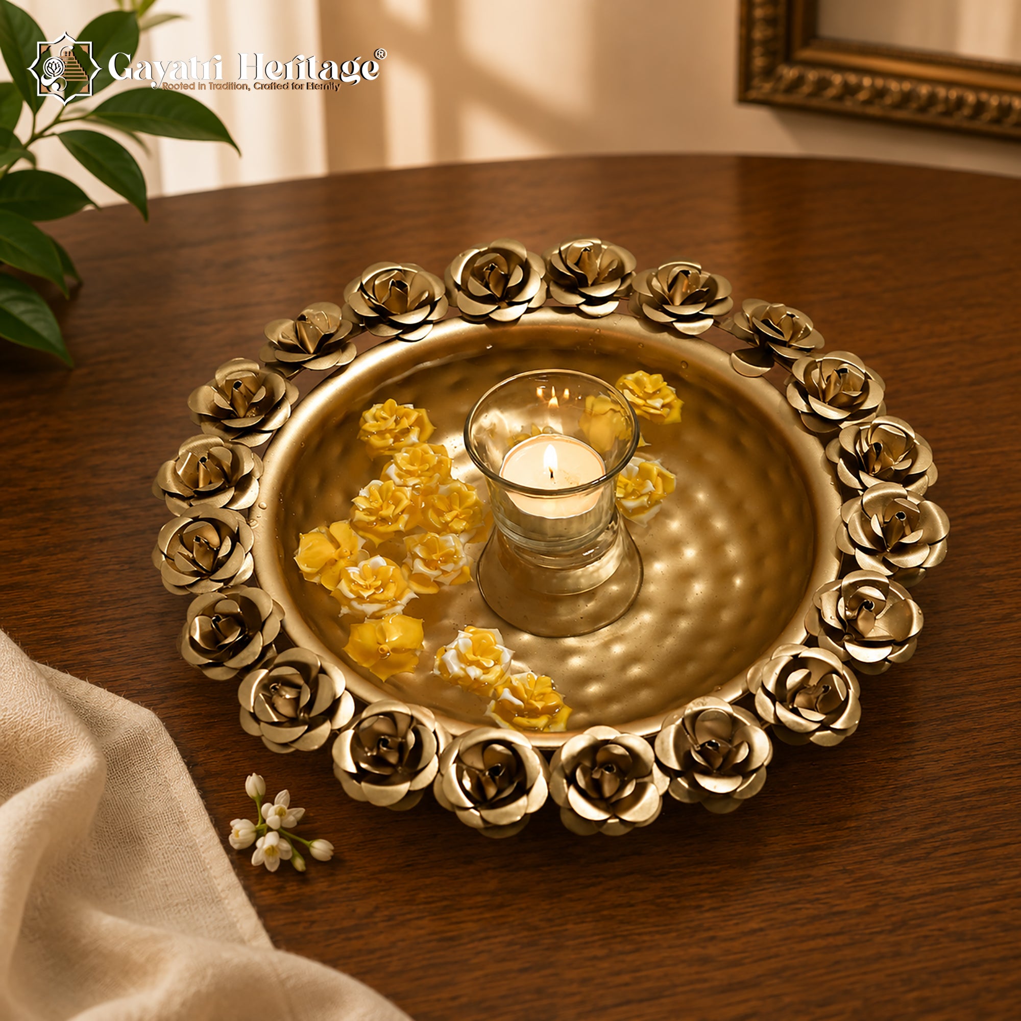 Gold Rose Border Urli Bowl – Hammered Floating Flower Decor | Gayatri Heritage