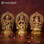 Brass Ganesh Lakshmi Saraswati Idol Set on Base | Hindu Trinity Statue | Diwali Puja & Home Temple Decor
