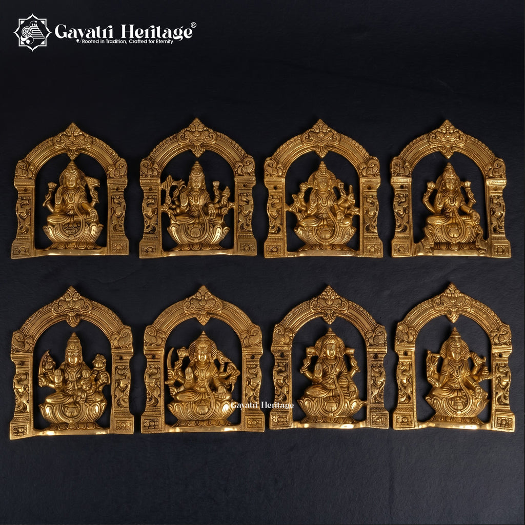 Solid Brass Ashtalakshmi Panel Set of 8 | Carved Temple Arch Goddess Plaques | Pooja Room Wall Decor