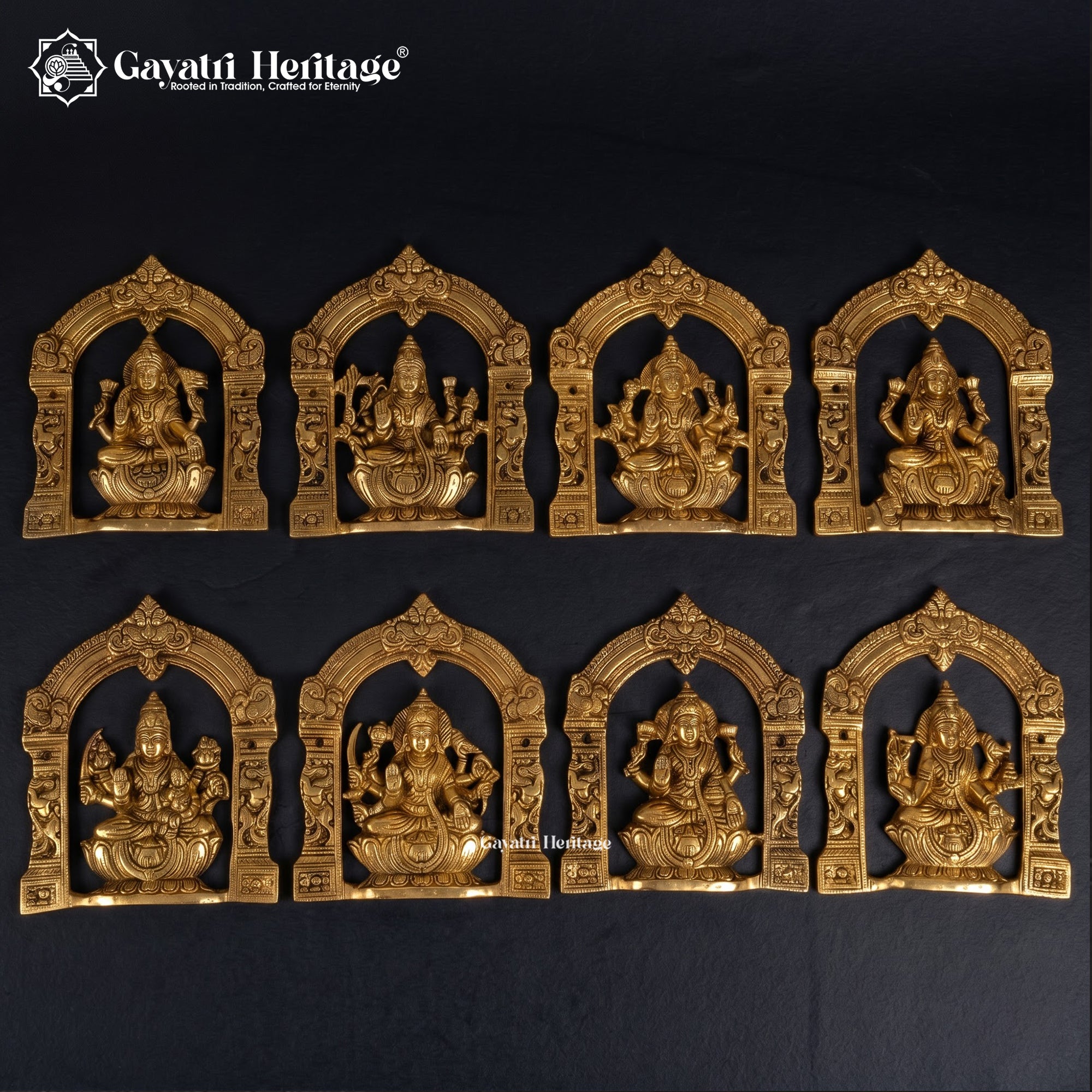 Solid Brass Ashtalakshmi Panel Set of 8 | Carved Temple Arch Goddess Plaques | Pooja Room Wall Decor