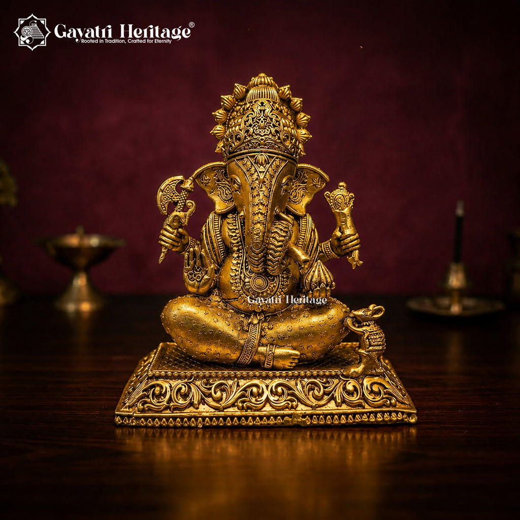 Brass Ganesha Idol Seated with Crown | Antique Gold Lord Ganesh Statue | Four Arm Sculpture with Mouse | Hindu Pooja Decor