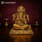 Brass Ganesha Idol Seated with Crown | Antique Gold Lord Ganesh Statue | Four Arm Sculpture with Mouse | Hindu Pooja Decor