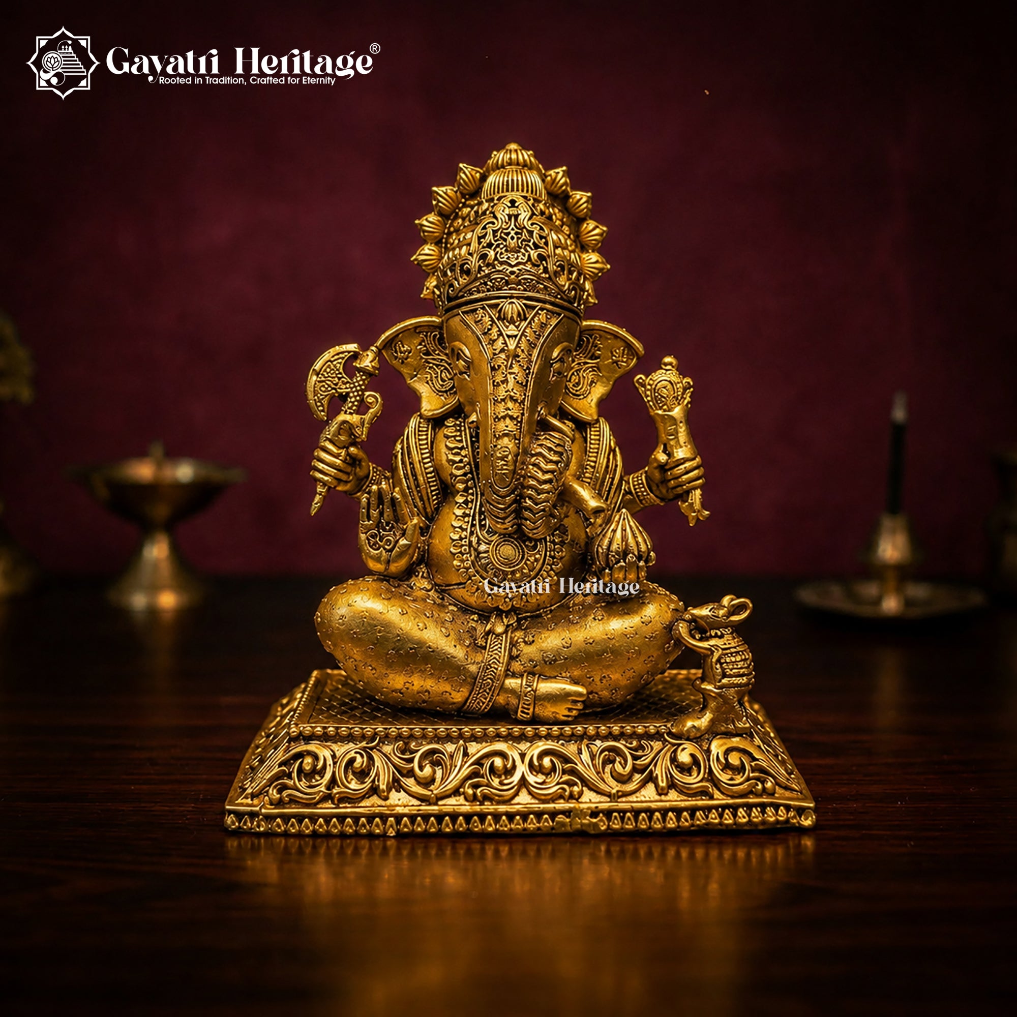 Brass Ganesha Idol Seated with Crown | Antique Gold Lord Ganesh Statue | Four Arm Sculpture with Mouse | Hindu Pooja Decor
