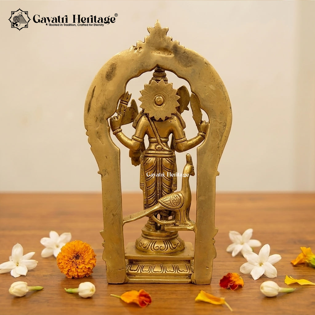 Brass Murugan Idol with Temple Arch – 10 Inch Kartikeya Murti | Gayatri Heritage