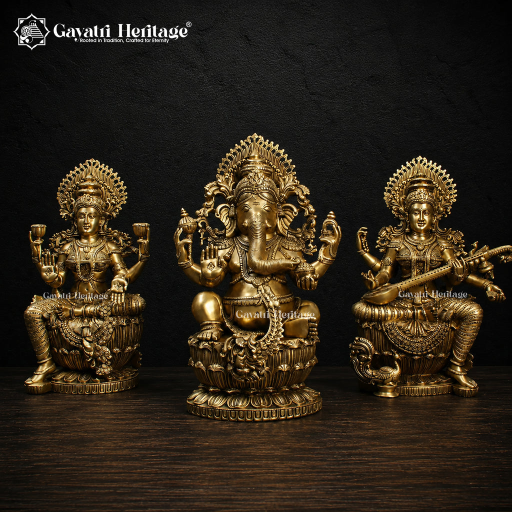 Large Lakshmi Ganesha Saraswati Brass Statue Set | Hindu God & Goddess Idol Trio