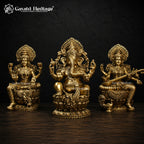 Large Lakshmi Ganesha Saraswati Brass Statue Set | Hindu God & Goddess Idol Trio