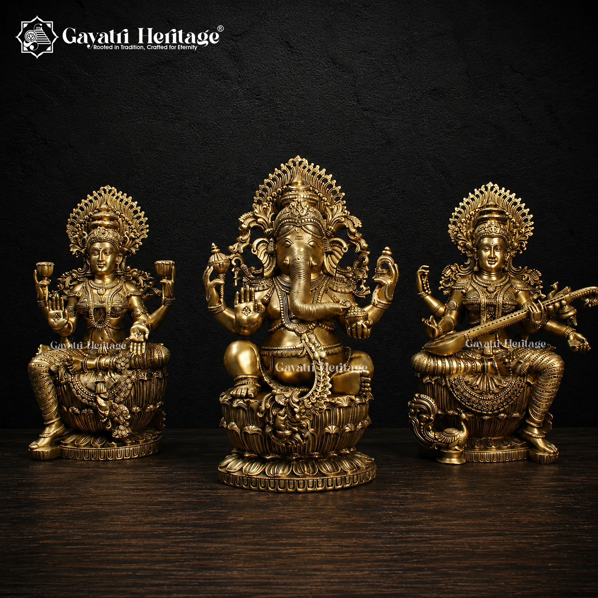 Large Lakshmi Ganesha Saraswati Brass Statue Set | Hindu God & Goddess Idol Trio