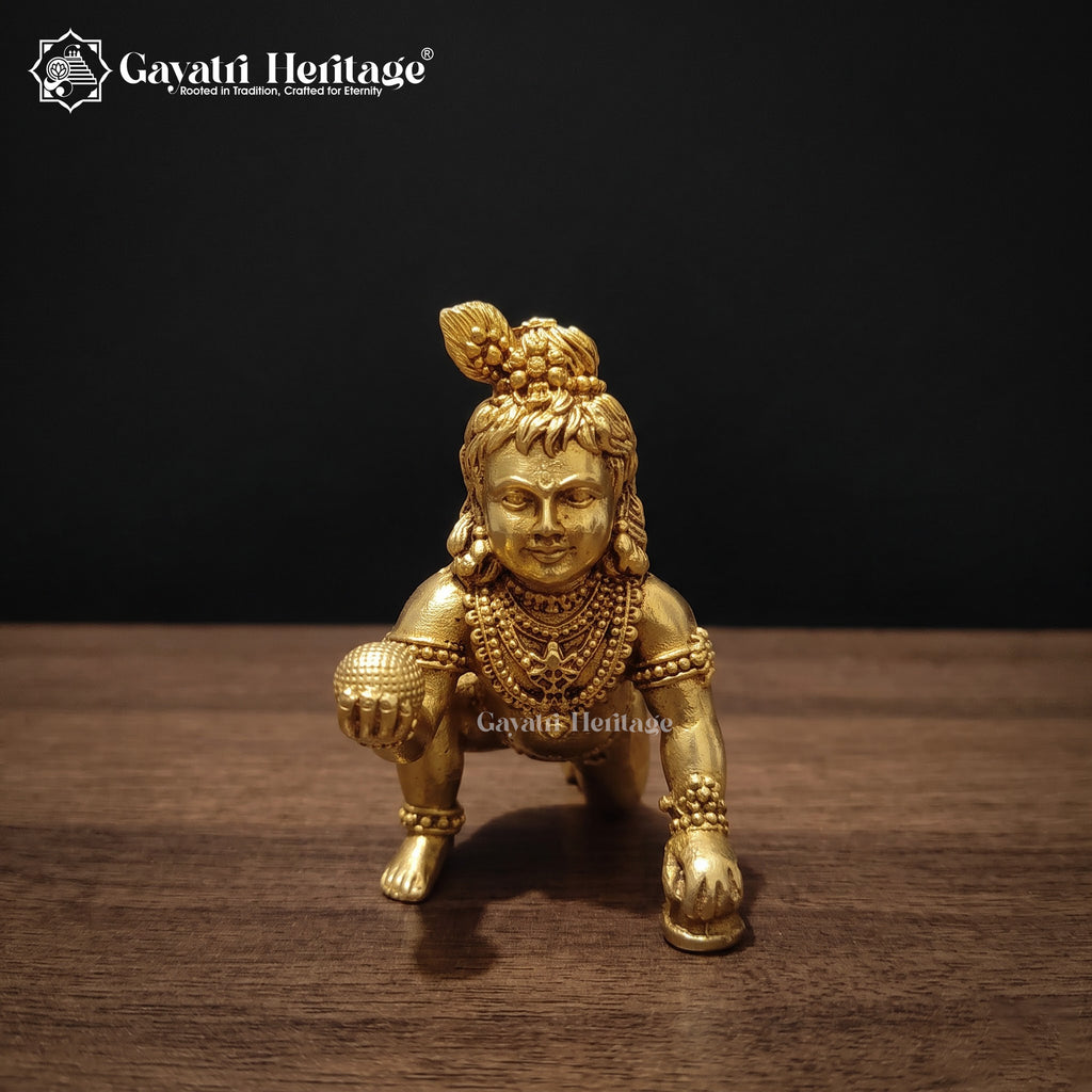 Small Brass Laddu Gopal Idol | Handcrafted Bal Krishna Murti | Krishna Ji Statue | Home Temple Pooja Decor