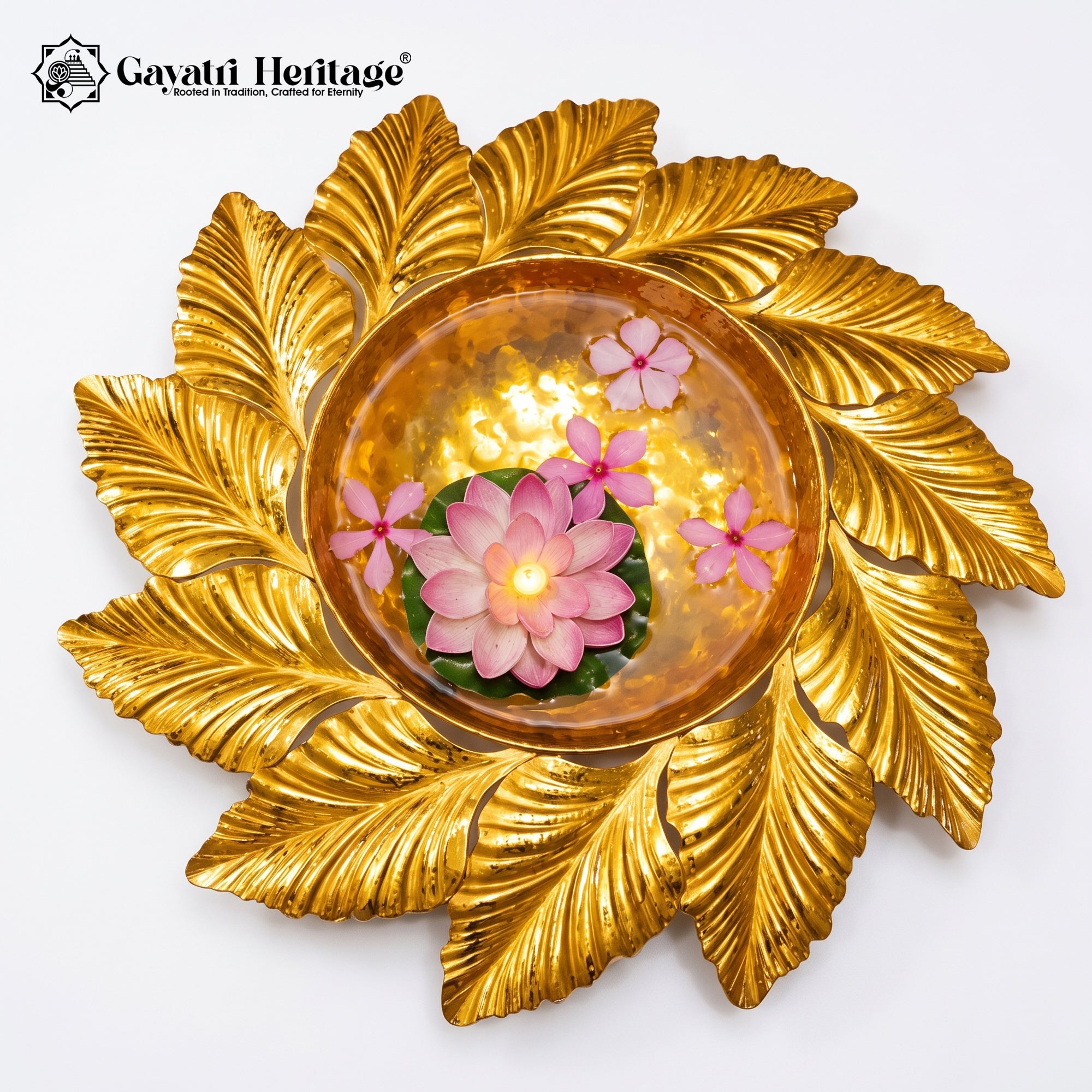 Leaf Urli Bowl – Hand-Hammered Gold Floating Flower Decor | Gayatri Heritage