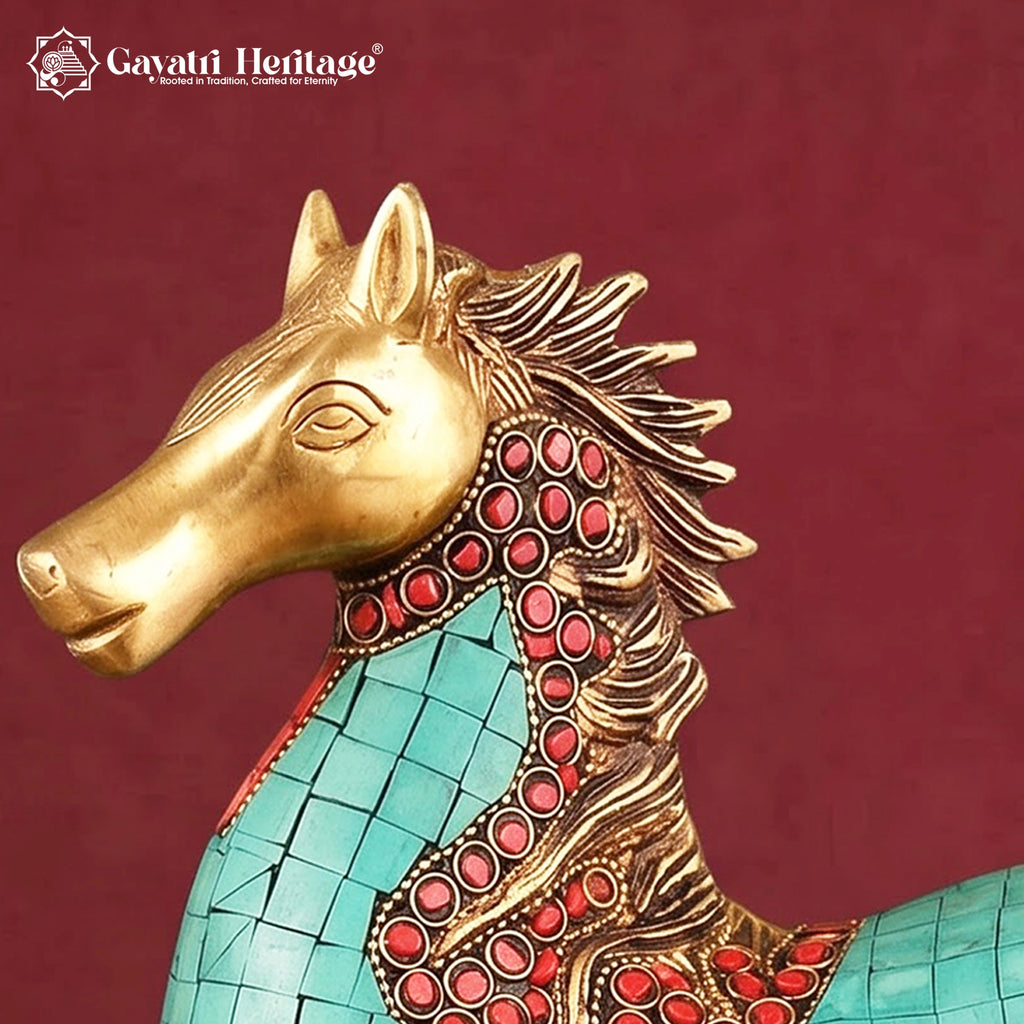 Brass Horse Statue with Stone Inlay, Handmade Prancing Horse Figurine, Indian Vastu Decor, Home & Office Decoration