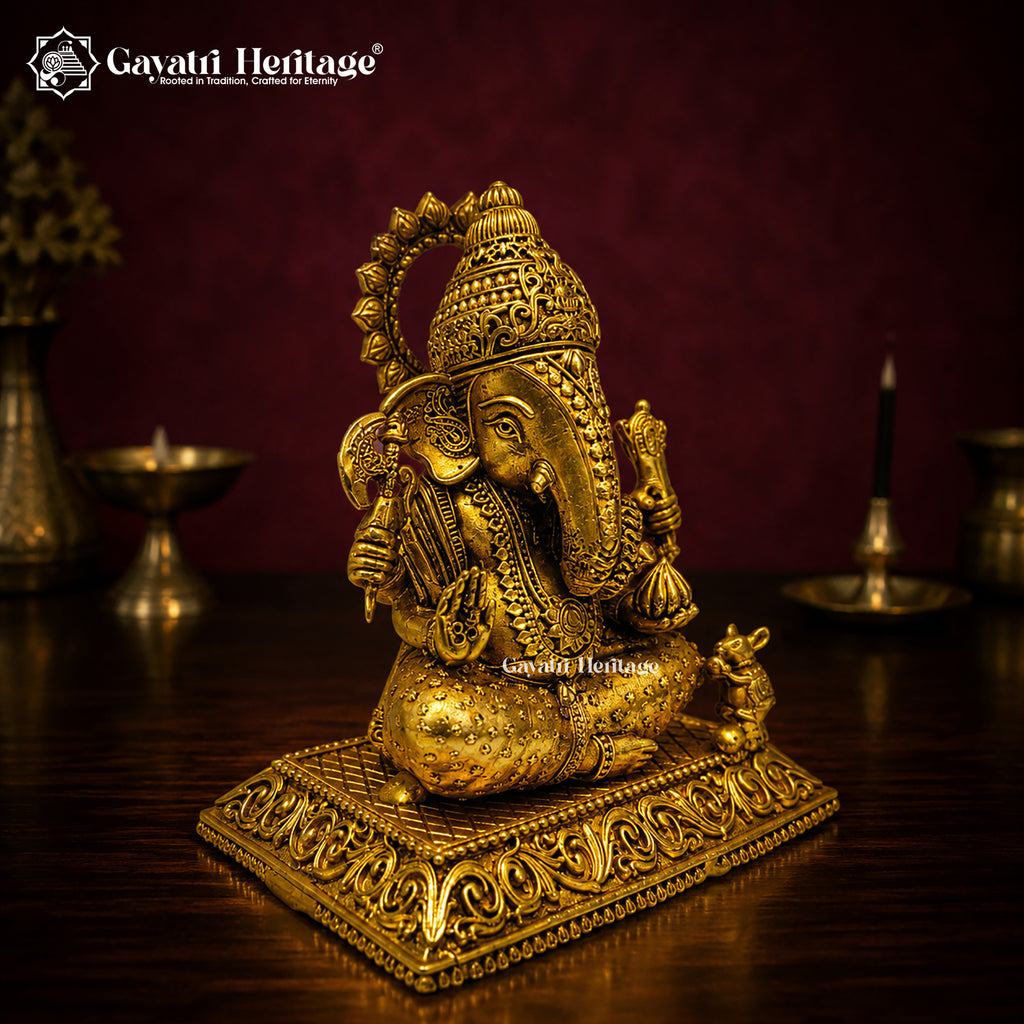 Brass Ganesha Idol Seated with Crown | Antique Gold Lord Ganesh Statue | Four Arm Sculpture with Mouse | Hindu Pooja Decor