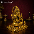 Brass Ganesha Idol Seated with Crown | Antique Gold Lord Ganesh Statue | Four Arm Sculpture with Mouse | Hindu Pooja Decor