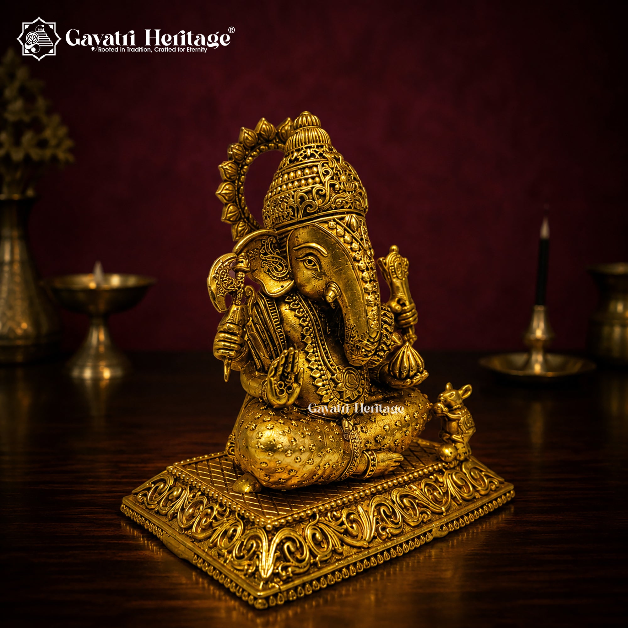 Brass Ganesha Idol Seated with Crown | Antique Gold Lord Ganesh Statue | Four Arm Sculpture with Mouse | Hindu Pooja Decor