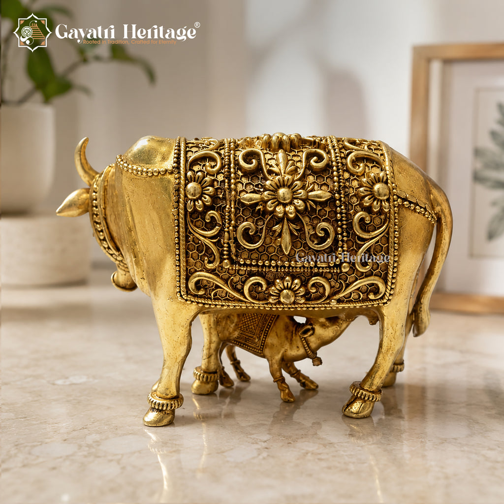Brass Cow and Calf Statue | Sacred Kamdhenu Cow Idol for Home Temple & Decor