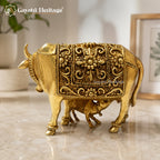 Brass Cow and Calf Statue | Sacred Kamdhenu Cow Idol for Home Temple & Decor