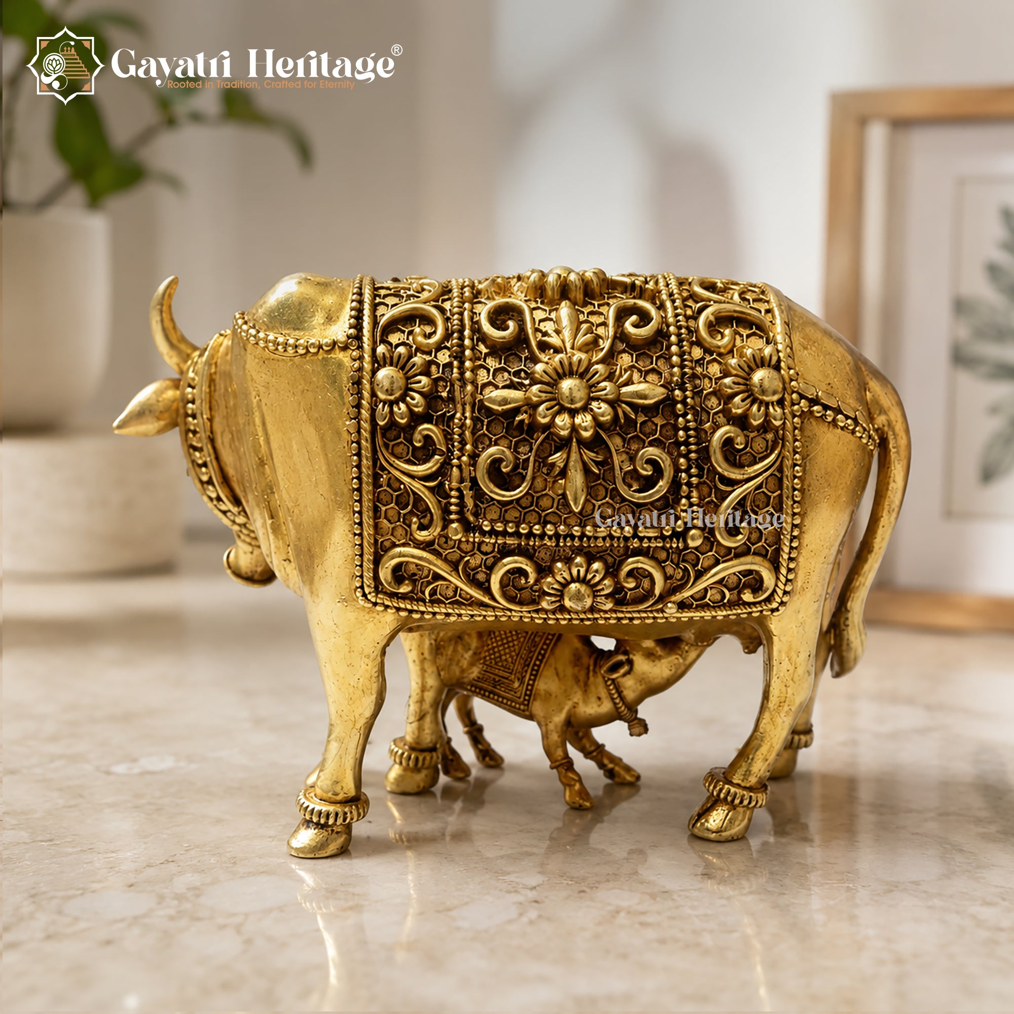 Brass Cow and Calf Statue | Sacred Kamdhenu Cow Idol for Home Temple & Decor