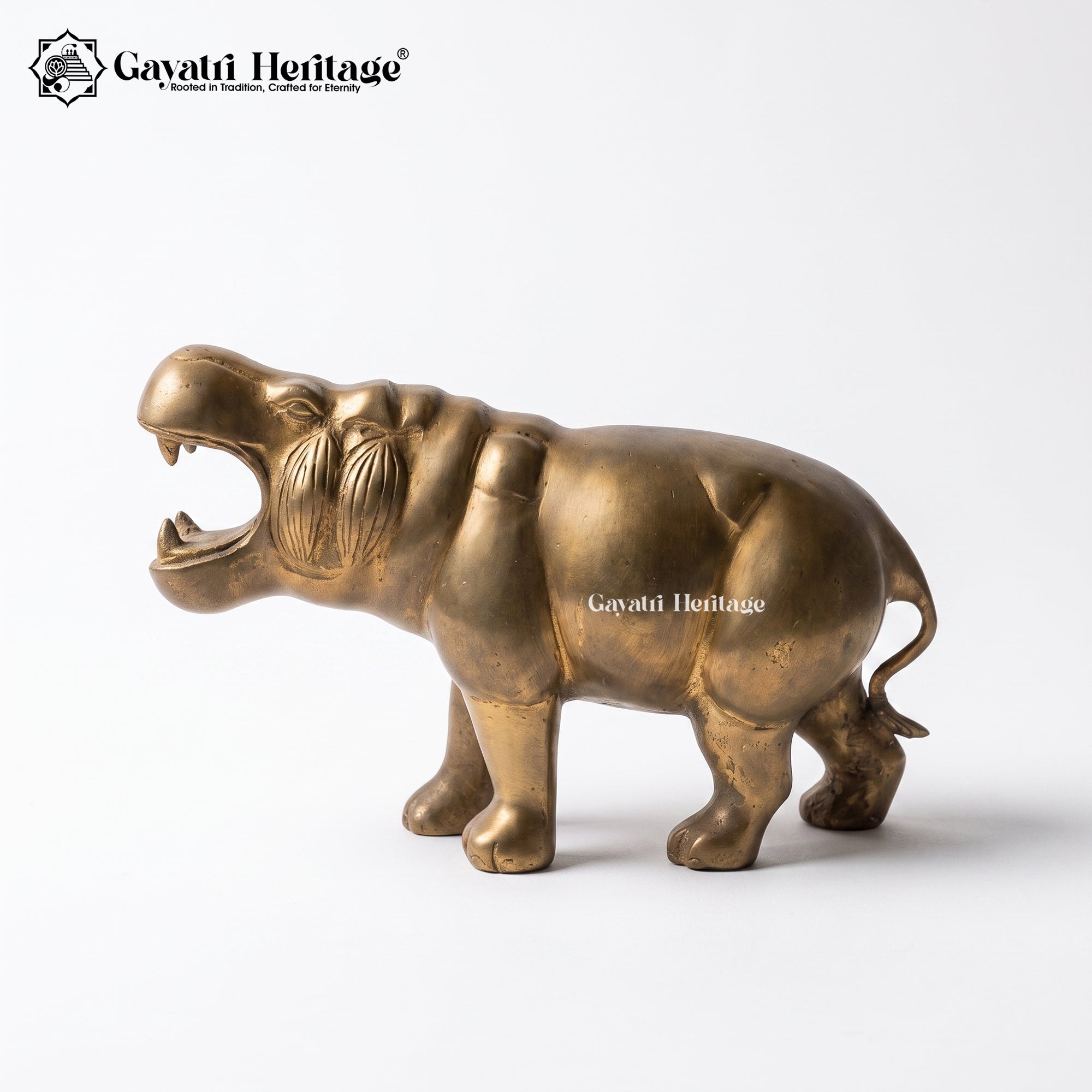 Brass Hippo Statue – Vintage Roaring Hippopotamus Figurine Gayatri Heritage