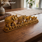 Brass Elephant Family Statue Set of 5 | Antique Gold Trunk Up Elephants | Vastu Feng Shui Home & Office Decor