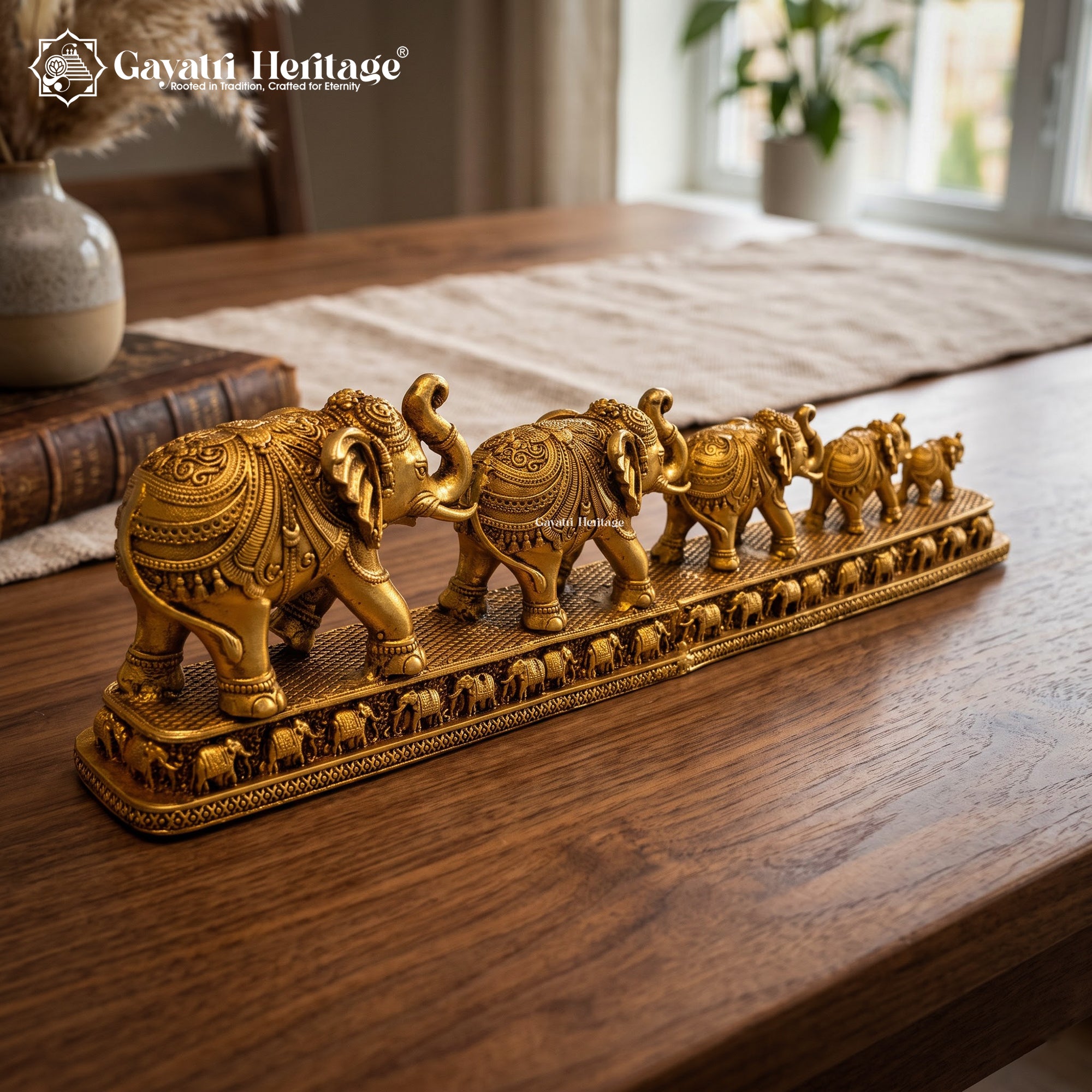 Brass Elephant Family Statue Set of 5 | Antique Gold Trunk Up Elephants | Vastu Feng Shui Home & Office Decor