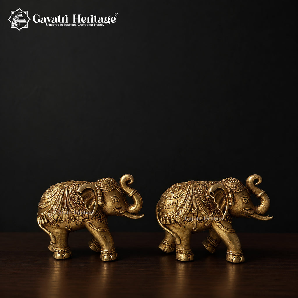 Brass Elephant Figurine | Antique Gold Indian Sculpture | Trunk Up Elephant Statue | Lucky Home Decor Accent | Gift