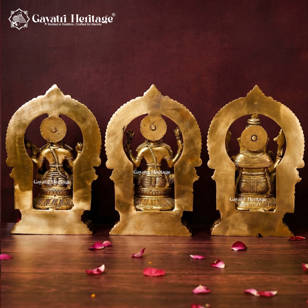 Brass Ganesh Lakshmi Saraswati Idol Set on Base | Hindu Trinity Statue | Diwali Puja & Home Temple Decor